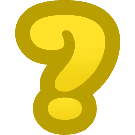 An emote of a yellow Question mark in a cartoonish font.